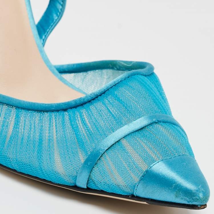 Pre Owned Fendi Blue Satin and Tulle Fabric Colibri Slingback Pumps Size 38