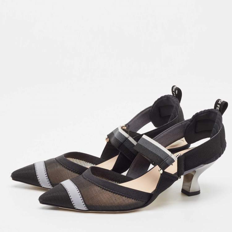 مملوكة مسبقًا Fendi Black/White Mesh and Canvas Colibri Slingback Pumps Size 36.5