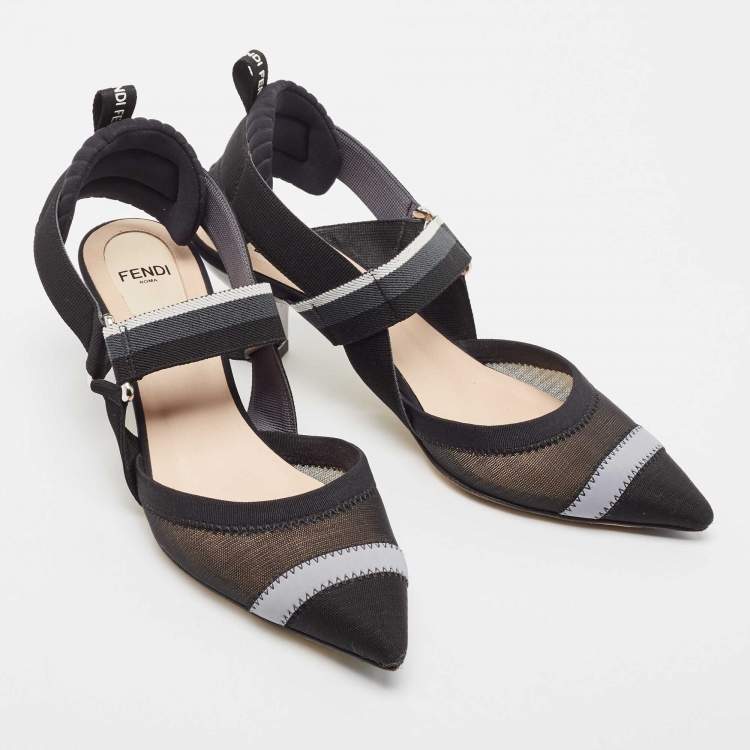 مملوكة مسبقًا Fendi Black/White Mesh and Canvas Colibri Slingback Pumps Size 36.5