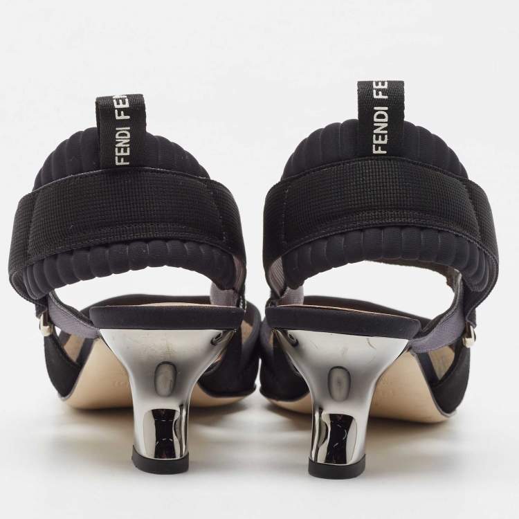 مملوكة مسبقًا Fendi Black/White Mesh and Canvas Colibri Slingback Pumps Size 36.5