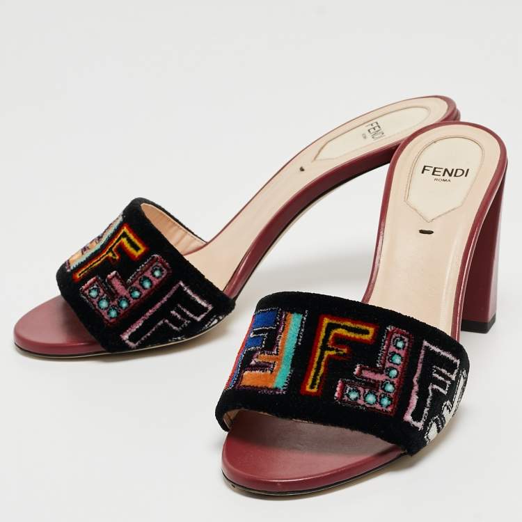 Pre Owned Fendi Multicolor Velvet FF Logo Slip On Slides Size 37