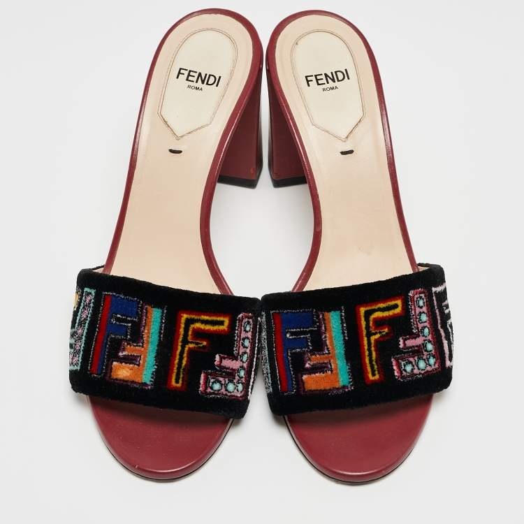 Pre Owned Fendi Multicolor Velvet FF Logo Slip On Slides Size 37