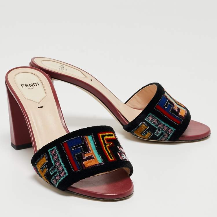 Pre Owned Fendi Multicolor Velvet FF Logo Slip On Slides Size 37