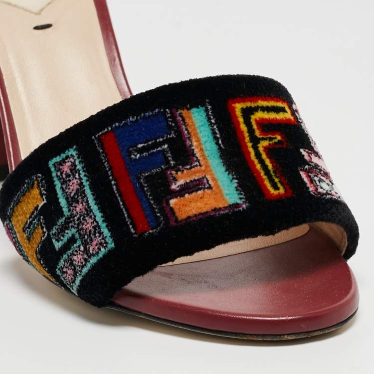 Pre Owned Fendi Multicolor Velvet FF Logo Slip On Slides Size 37