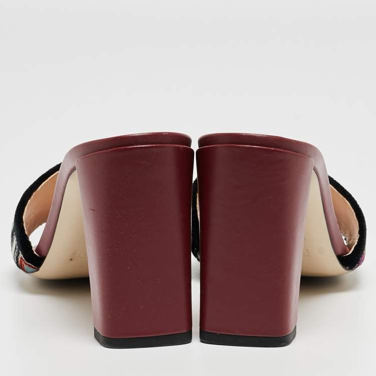 Pre Owned Fendi Multicolor Velvet FF Logo Slip On Slides Size 37