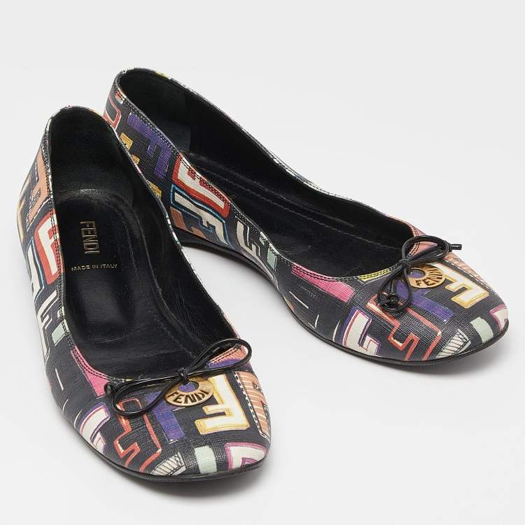 مملوكة مسبقًا Fendi Multicolor Zucca Spalmati Coated Canvas Bow Ballet Flats Size 38.5