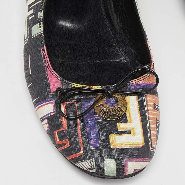 مملوكة مسبقًا Fendi Multicolor Zucca Spalmati Coated Canvas Bow Ballet Flats Size 38.5