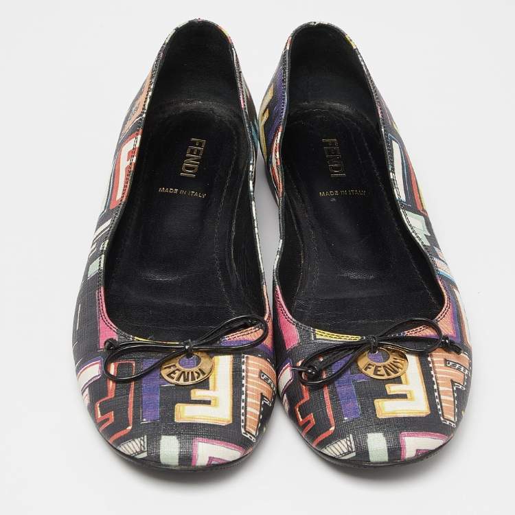 مملوكة مسبقًا Fendi Multicolor Zucca Spalmati Coated Canvas Bow Ballet Flats Size 38.5