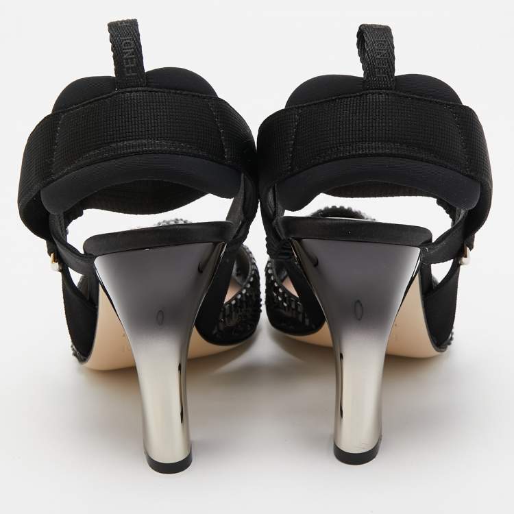 Pre Owned Fendi Black Embellished Mesh And Nylon Colibri Slingback Sandals Size 38