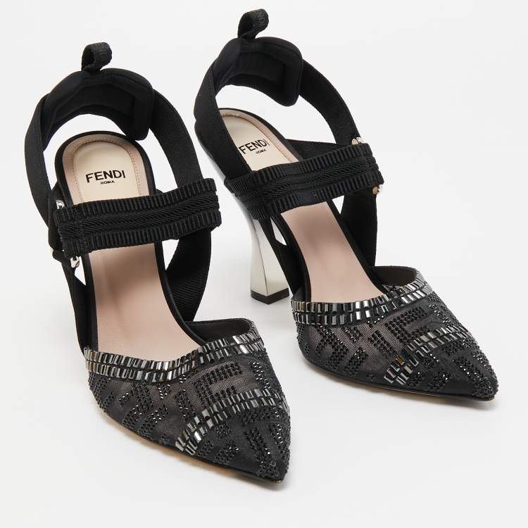 Pre Owned Fendi Black Embellished Mesh And Nylon Colibri Slingback Sandals Size 38
