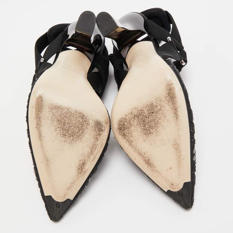 Pre Owned Fendi Black Embellished Mesh And Nylon Colibri Slingback Sandals Size 38
