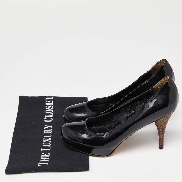 Pre Owned Fendi Black Patent Leather Zucca Heel Platform Pumps Size 37.5
