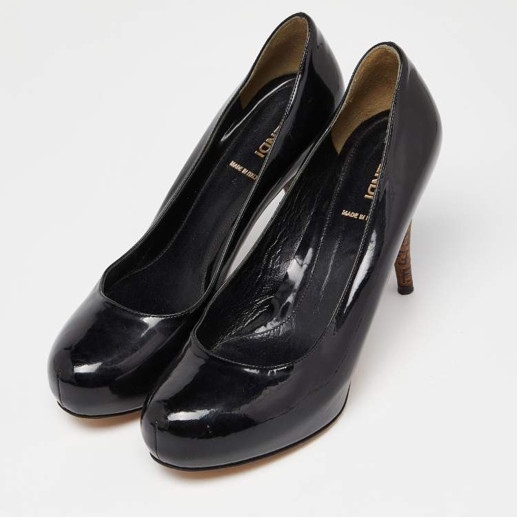 Pre Owned Fendi Black Patent Leather Zucca Heel Platform Pumps Size 37.5