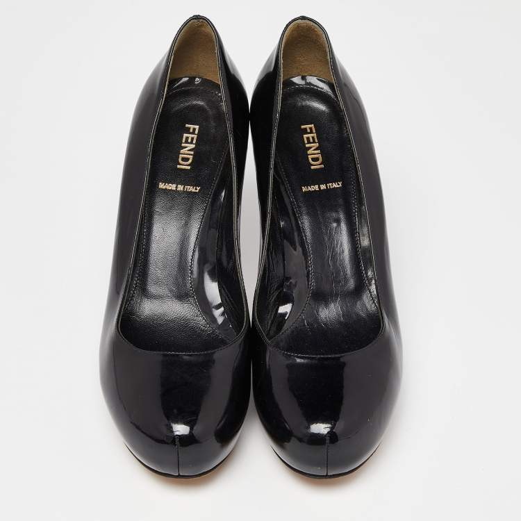 Pre Owned Fendi Black Patent Leather Zucca Heel Platform Pumps Size 37.5