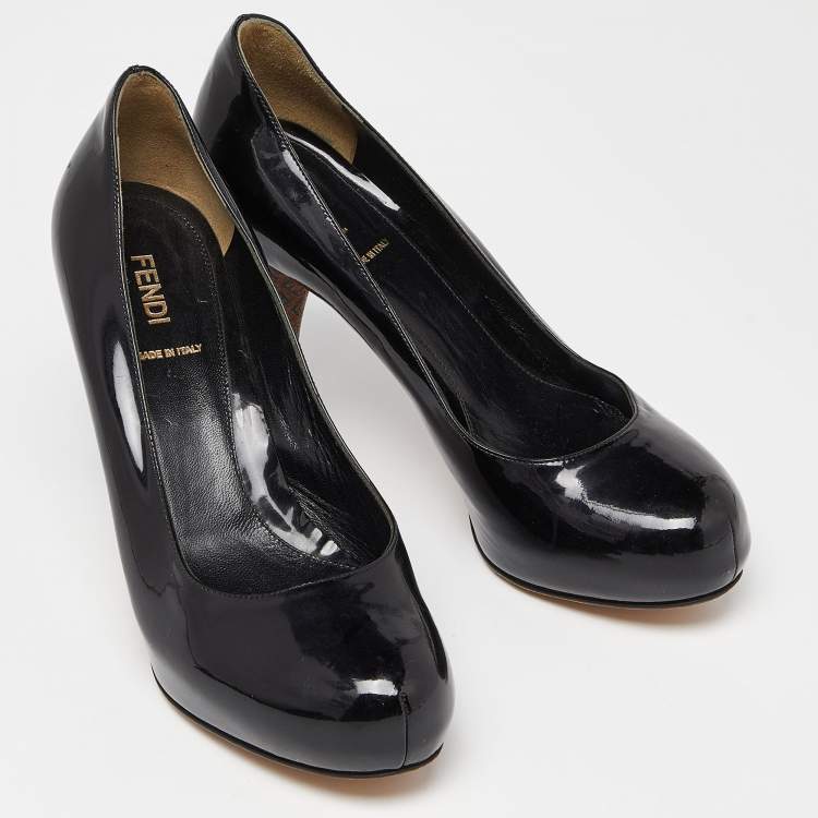 Pre Owned Fendi Black Patent Leather Zucca Heel Platform Pumps Size 37.5