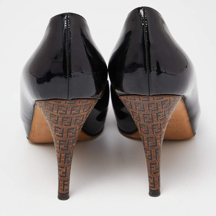 Pre Owned Fendi Black Patent Leather Zucca Heel Platform Pumps Size 37.5