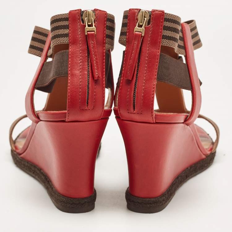 Pre Owned Fendi Red/Brown Leather and Elastic T-Strap Espadrille Wedge Sandals Size 39
