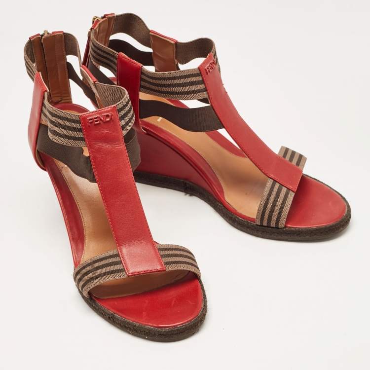 Pre Owned Fendi Red/Brown Leather and Elastic T-Strap Espadrille Wedge Sandals Size 39