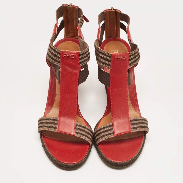 Pre Owned Fendi Red/Brown Leather and Elastic T-Strap Espadrille Wedge Sandals Size 39