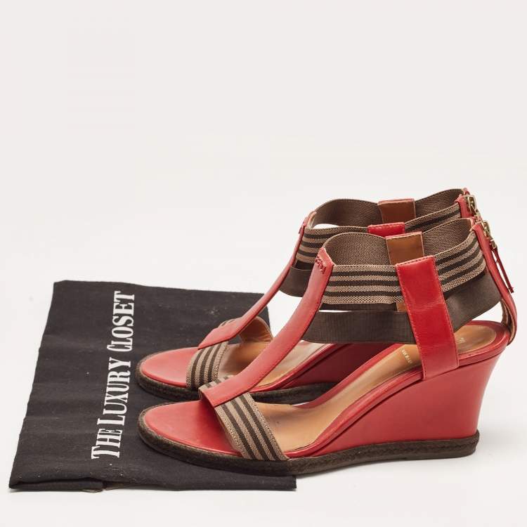 Pre Owned Fendi Red/Brown Leather and Elastic T-Strap Espadrille Wedge Sandals Size 39
