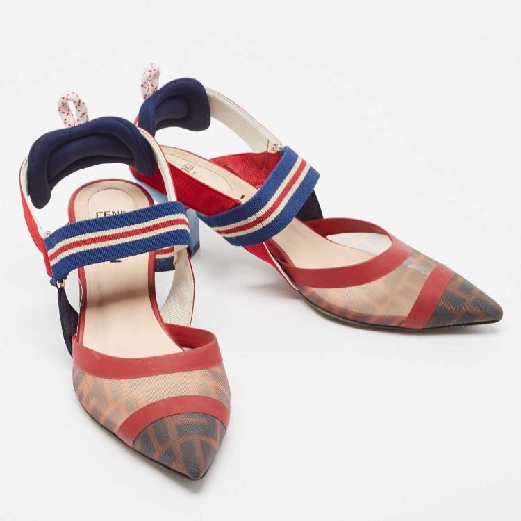 Pre Owned Fendi Tricolor Zucca Mesh and Leather Colibri Slingback Pumps Size 37
