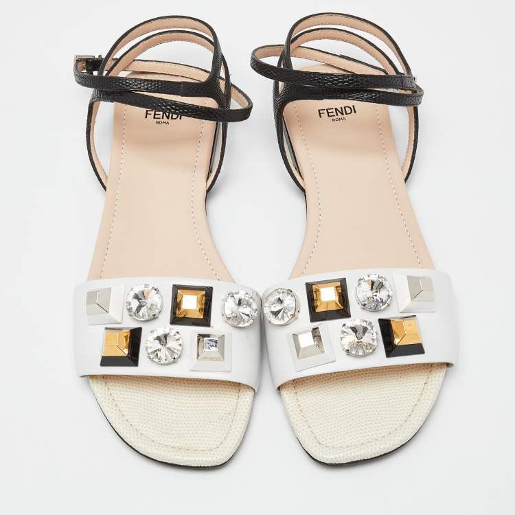Pre Owned Fendi White/Black Lizard Embossed Leather Studded Ankle Strap Flat Sandals Size 40