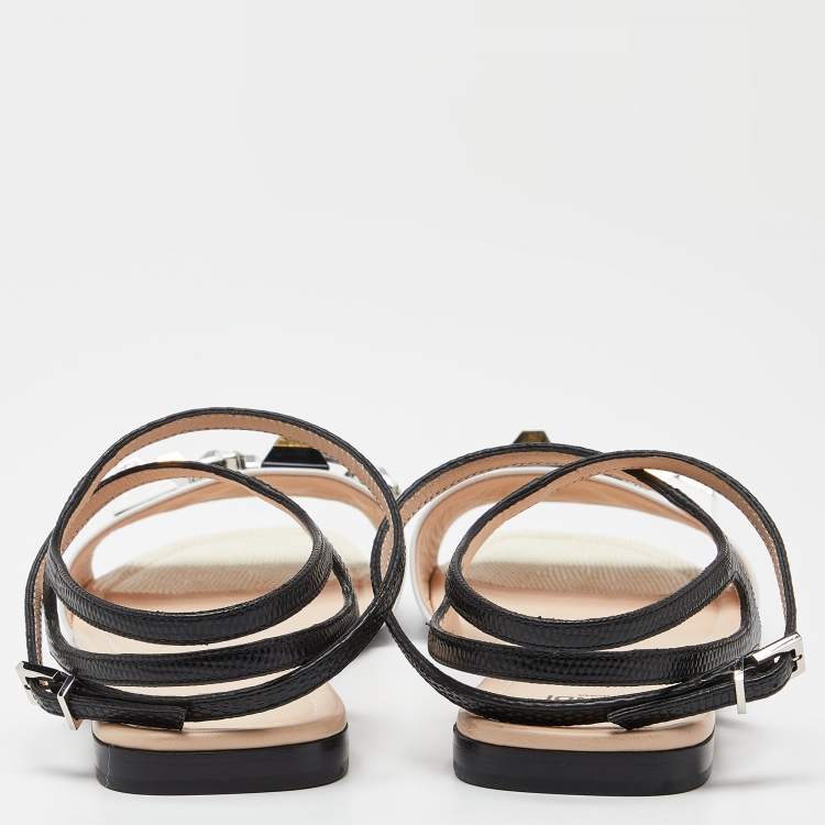 Pre Owned Fendi White/Black Lizard Embossed Leather Studded Ankle Strap Flat Sandals Size 40