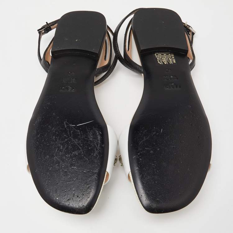 Pre Owned Fendi White/Black Lizard Embossed Leather Studded Ankle Strap Flat Sandals Size 40
