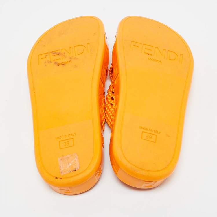 Pre Owned Fendi Orange Woven Fabric FF Reflection Slides Size 39
