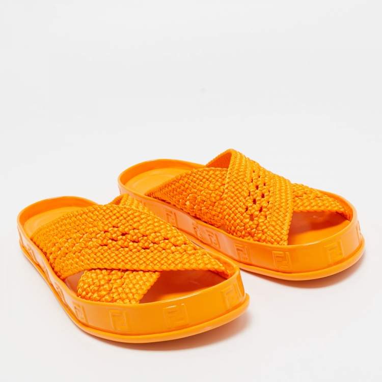 Pre Owned Fendi Orange Woven Fabric FF Reflection Slides Size 39