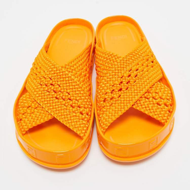 Pre Owned Fendi Orange Woven Fabric FF Reflection Slides Size 39