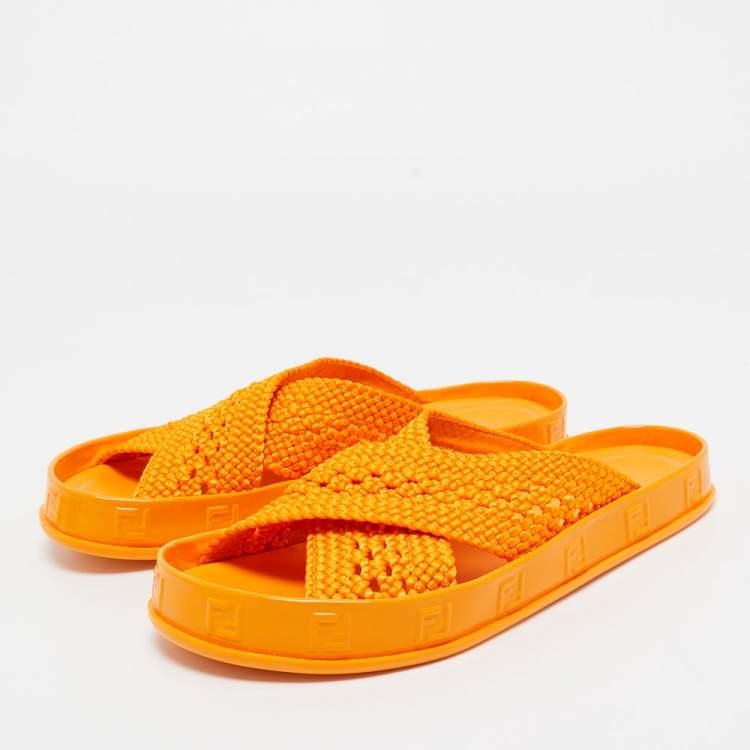 保障できる Orange Fendi Woven Fendi 39 Size Slides Reflection FF Fabric 靴