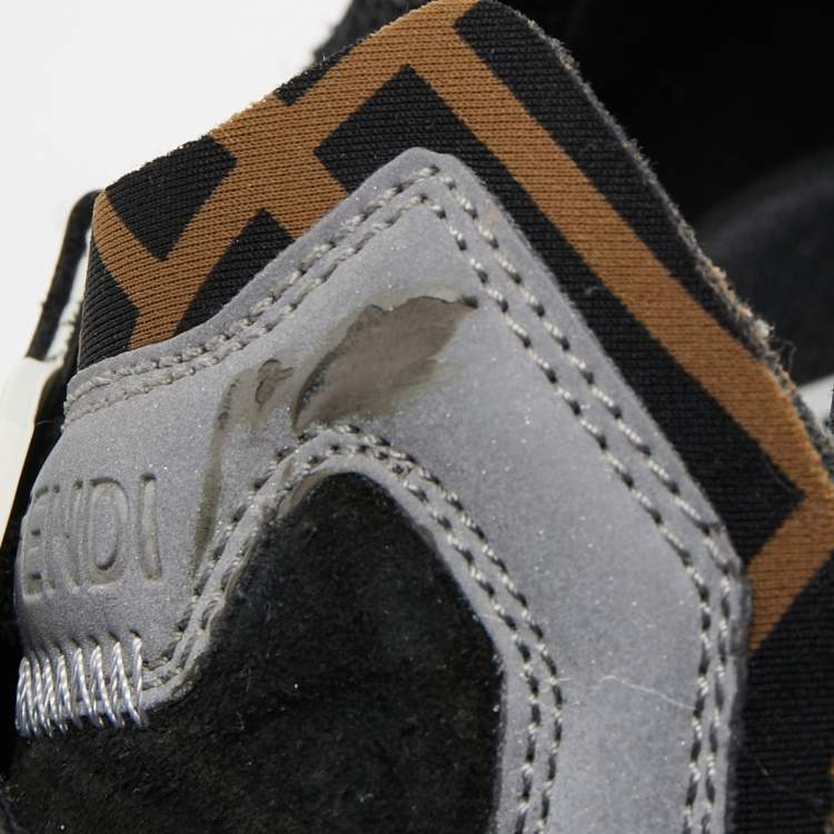 Pre Owned Fendi Black Mesh and Leather Printed Sneakers Size 38.5