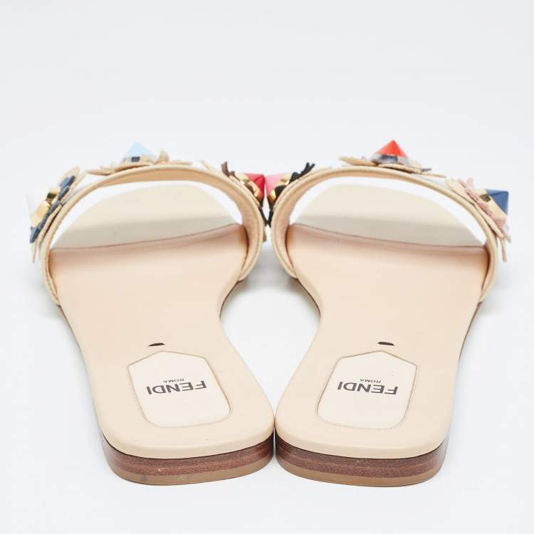 Pre Owned Fendi Beige Patent Leather Flower Embellished Flat Slides Size 38