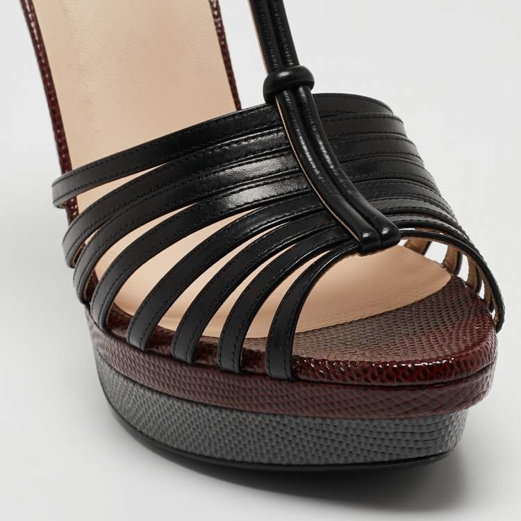 Pre Owned Fendi Tricolor Lizard Embossed Leather Strappy T Bar Sandals Size 40