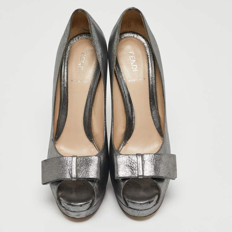 Pre Owned Fendi Grey Leather Bow Peep Toe Platform Pumps Size 40