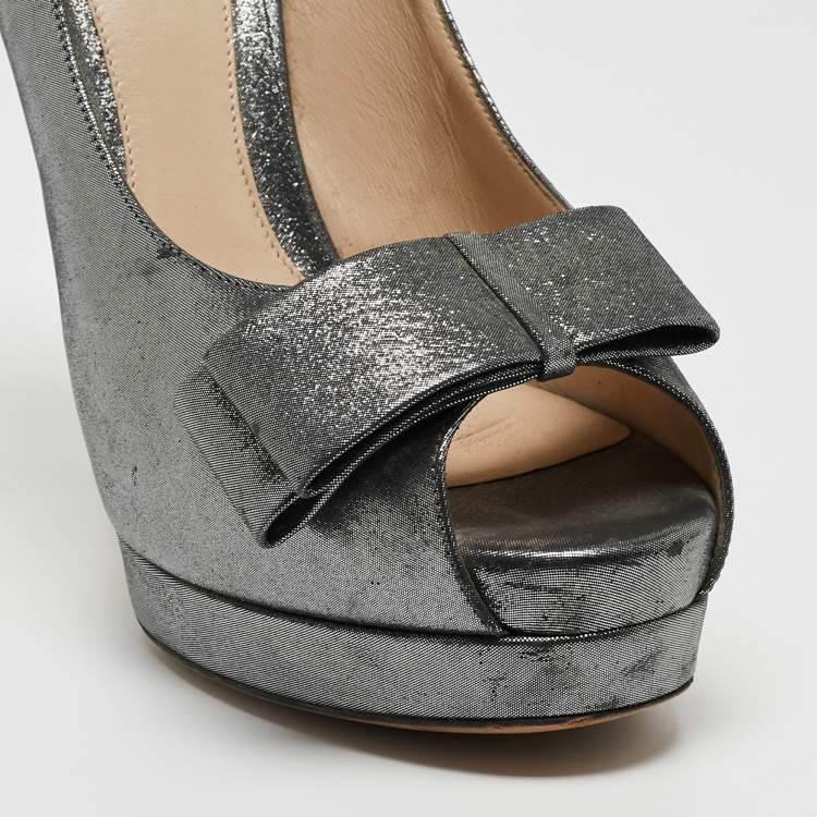 Pre Owned Fendi Grey Leather Bow Peep Toe Platform Pumps Size 40