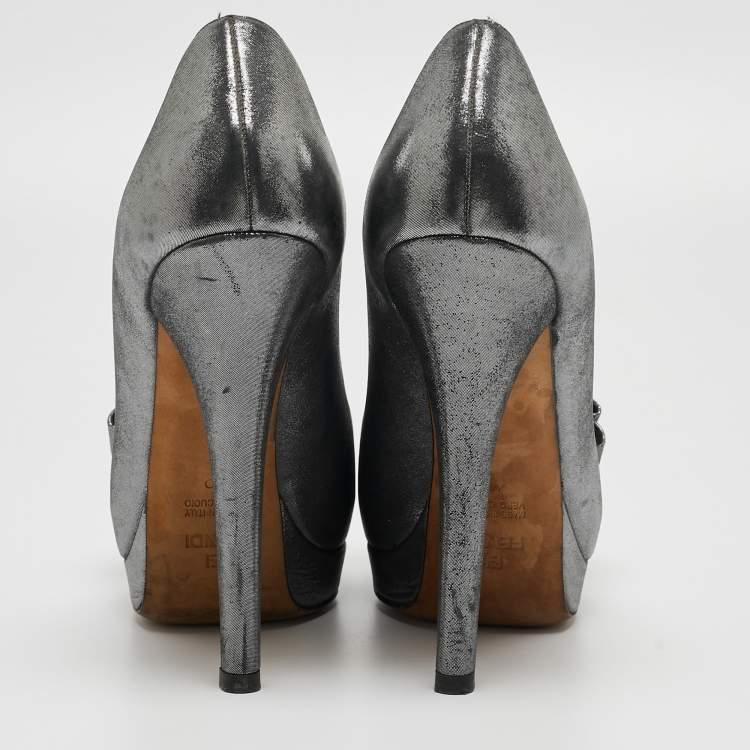 Pre Owned Fendi Grey Leather Bow Peep Toe Platform Pumps Size 40