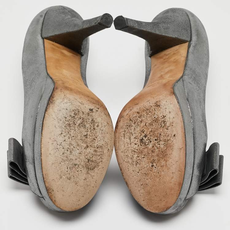 Pre Owned Fendi Grey Leather Bow Peep Toe Platform Pumps Size 40