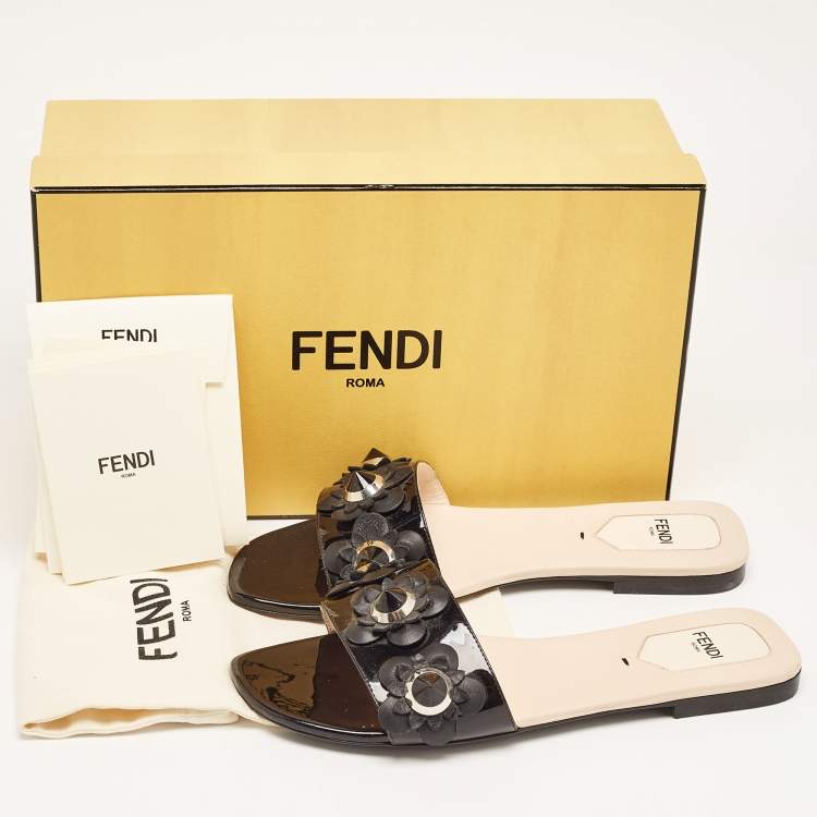 Pre Owned Fendi Black Patent Leather Flower Stud Flat Slides Size 38  