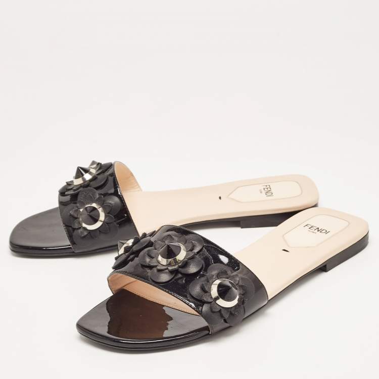Pre Owned Fendi Black Patent Leather Flower Stud Flat Slides Size 38  