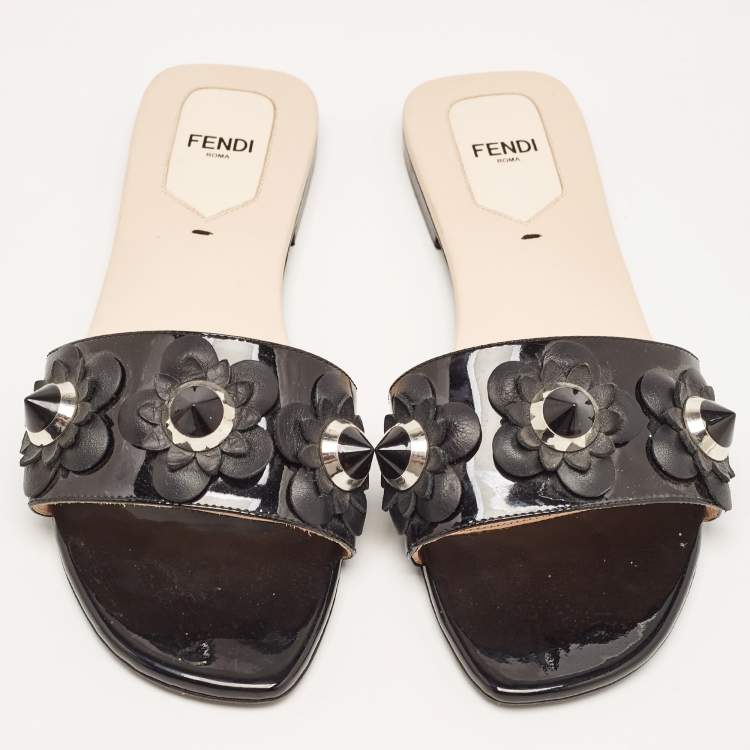 Pre Owned Fendi Black Patent Leather Flower Stud Flat Slides Size 38  