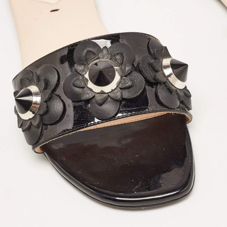Pre Owned Fendi Black Patent Leather Flower Stud Flat Slides Size 38  