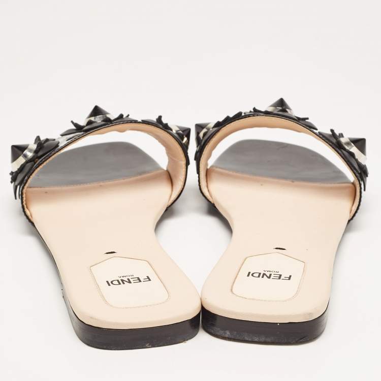 Pre Owned Fendi Black Patent Leather Flower Stud Flat Slides Size 38  