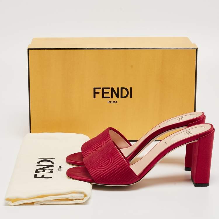 Pre Owned Fendi Burgundy Satin Logo Embroidered Block Heel Slide Mules Size 38.5
