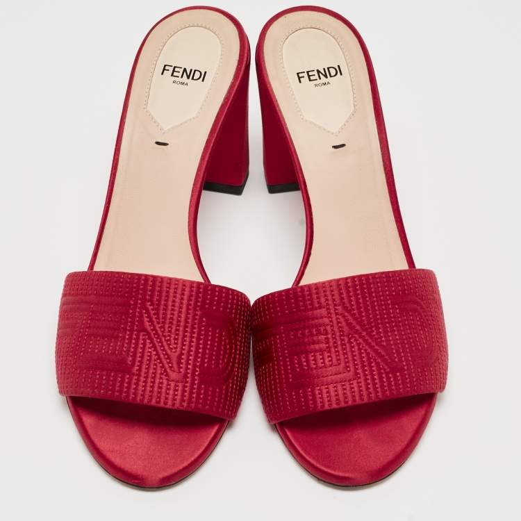 Pre Owned Fendi Burgundy Satin Logo Embroidered Block Heel Slide Mules Size 38.5