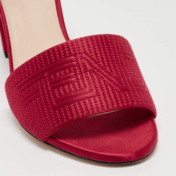 Pre Owned Fendi Burgundy Satin Logo Embroidered Block Heel Slide Mules Size 38.5
