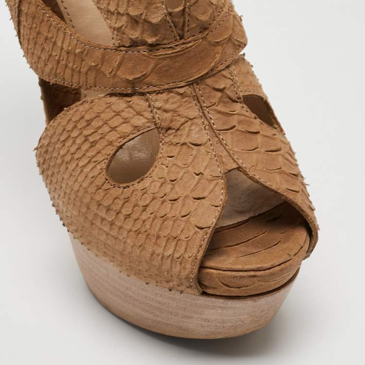 Pre Owned Fendi Brown Python Embossed Leather Peep Toe Pumps Size 36