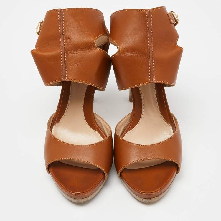 Pre Owned Fendi Brown Leather Ankle Strap Platform Sandals Size 38.5