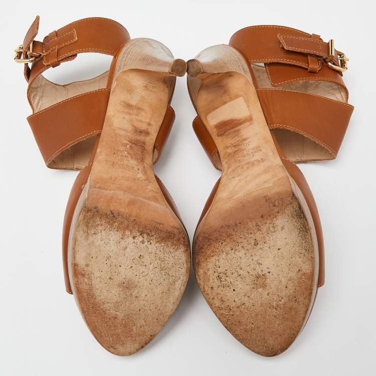Pre Owned Fendi Brown Leather Ankle Strap Platform Sandals Size 38.5